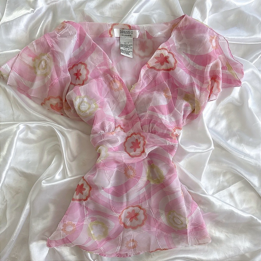 Dress-U by Sharon Pink Floral Psychedelic V-Neck Flutter Sleeve Top Size 14